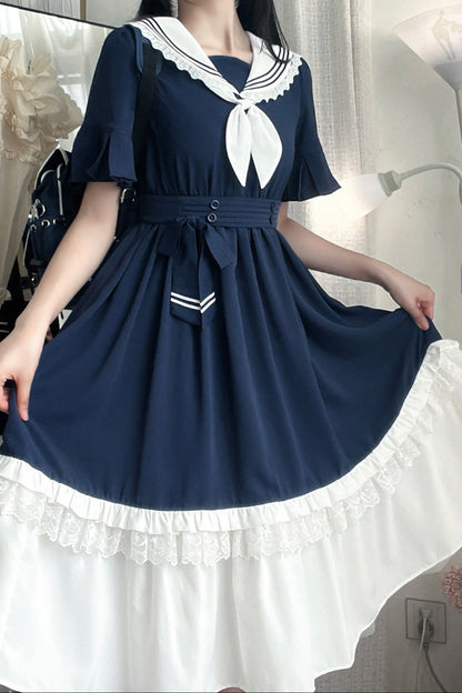 College-Style Ribbon Sailor Collar Flared Dress
