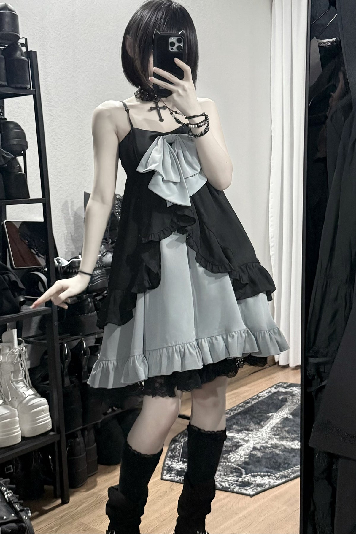 Double-Layer Open-Front Large Bow Suspender Dress