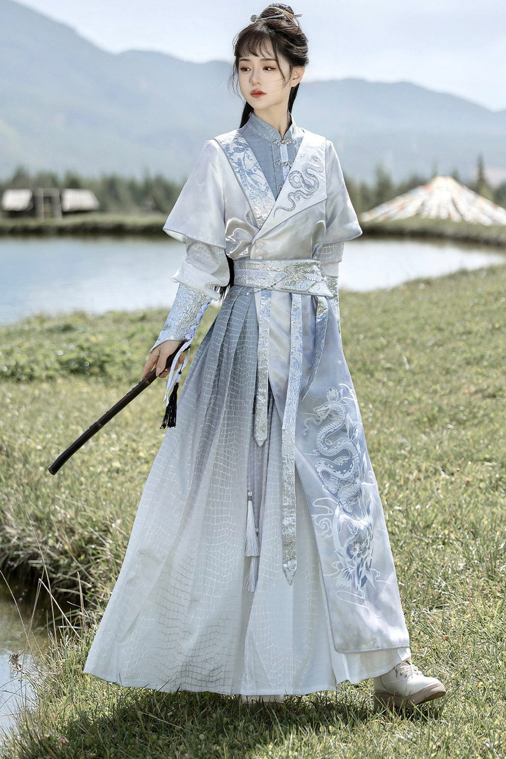 Silver Snake Improved Hanfu Dress and Jacket Set-Up