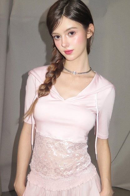 핑크 레이스 후드 상의
