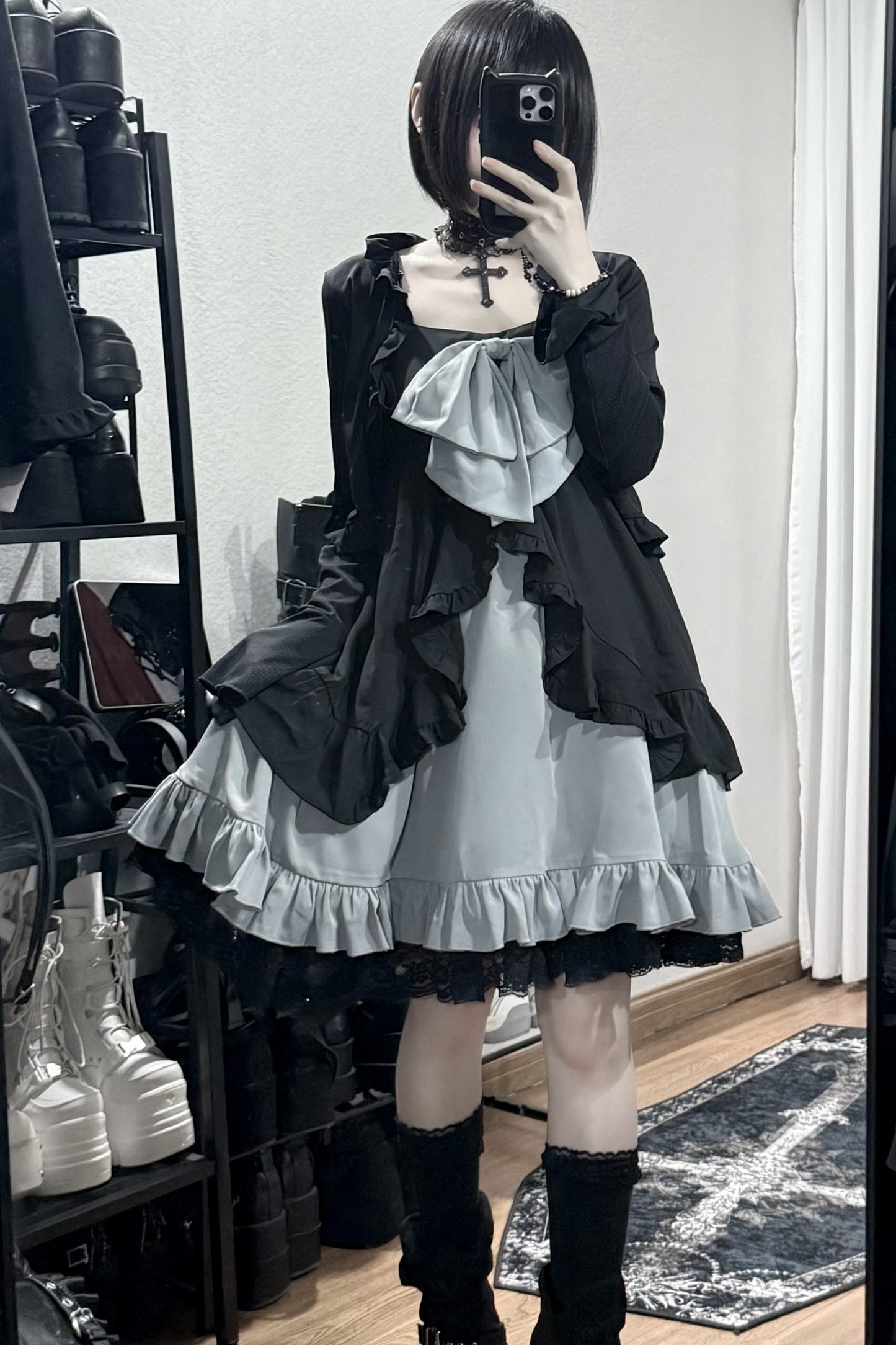 Double-Layer Open-Front Large Bow Suspender Dress