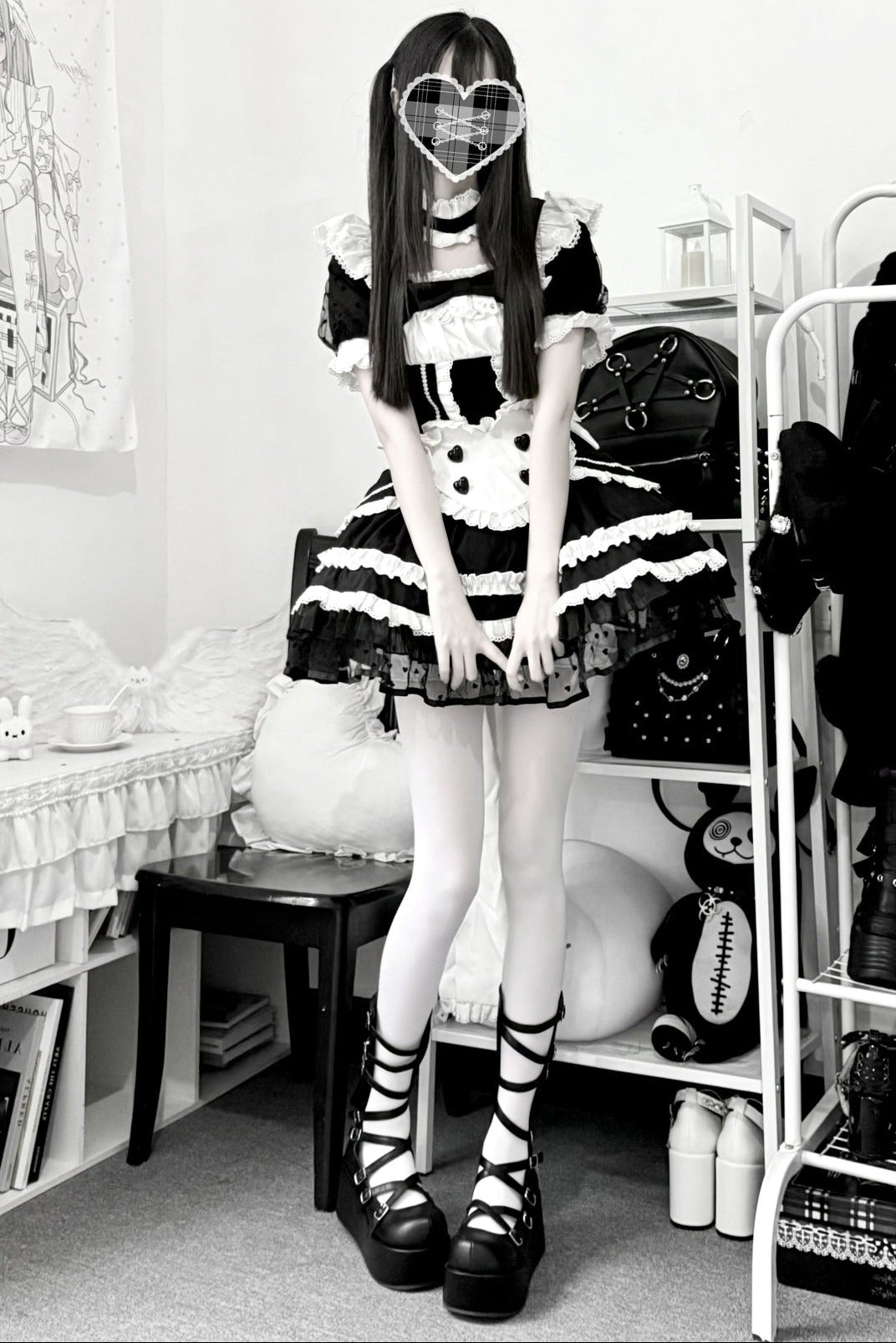 Black White Maid Apron Lace Dress
