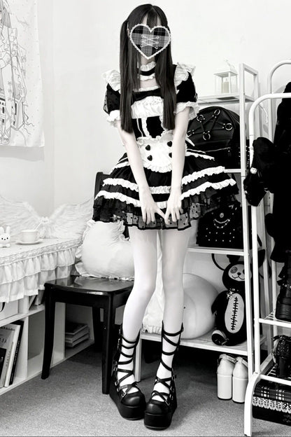 Black White Maid Apron Lace Dress