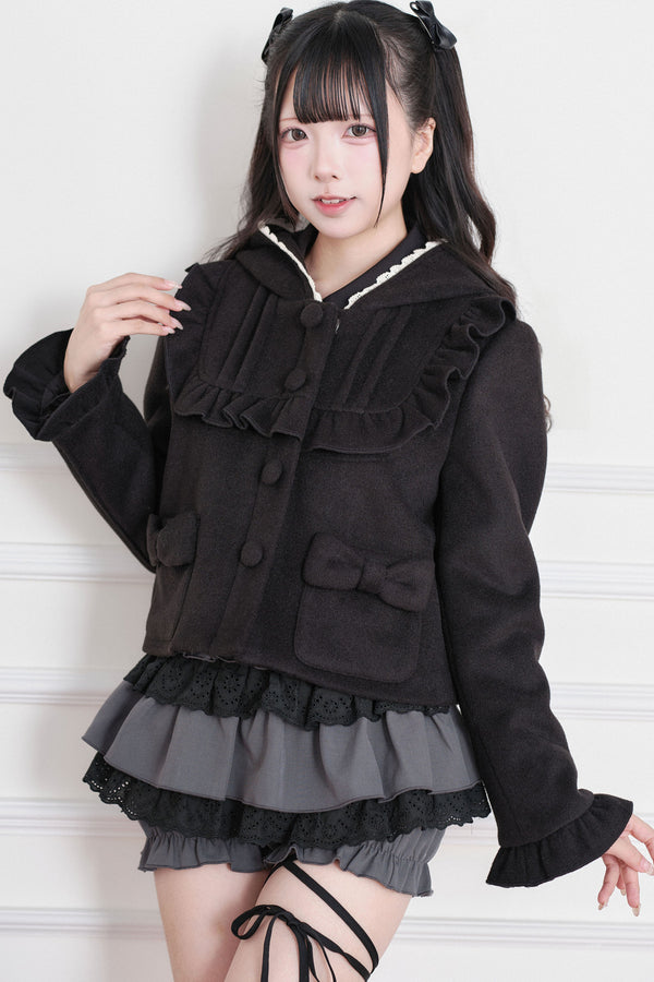 Ruffle Hooded Wool Jacket