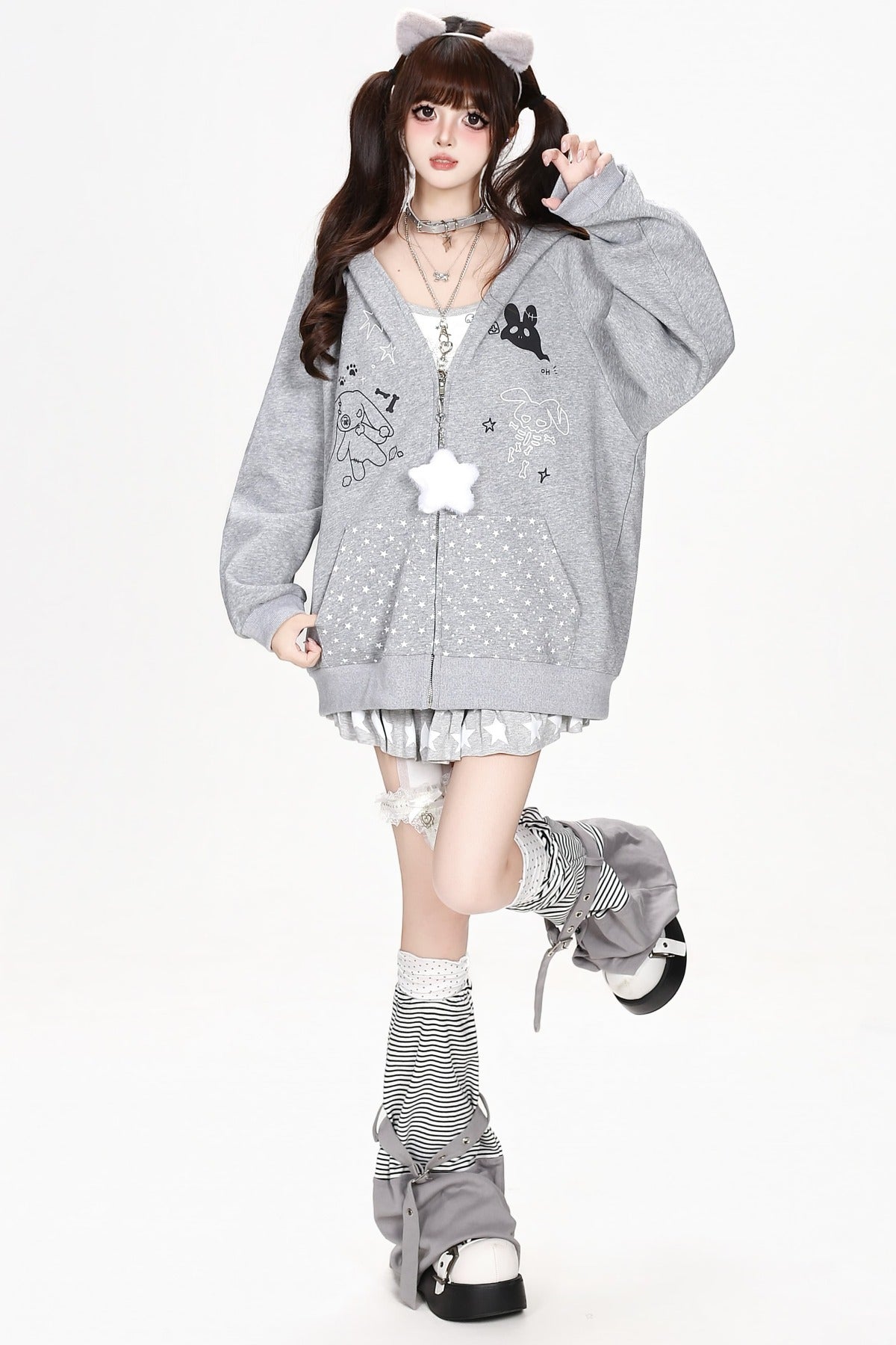 Polka Dot Rabbit Ears Hooded Jacket
