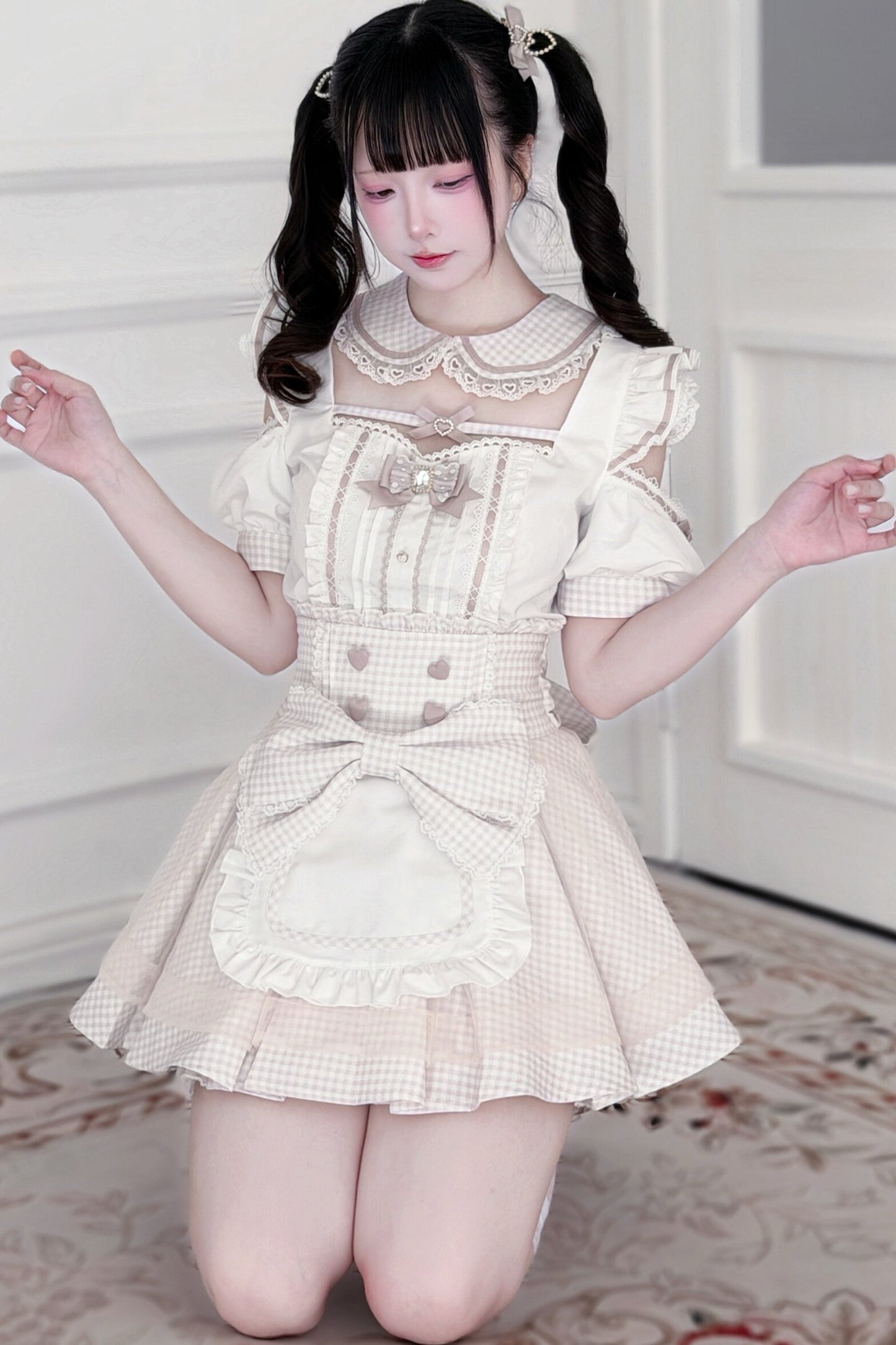 Ensemble haut à volants à carreaux style girly et minijupe à carreaux
