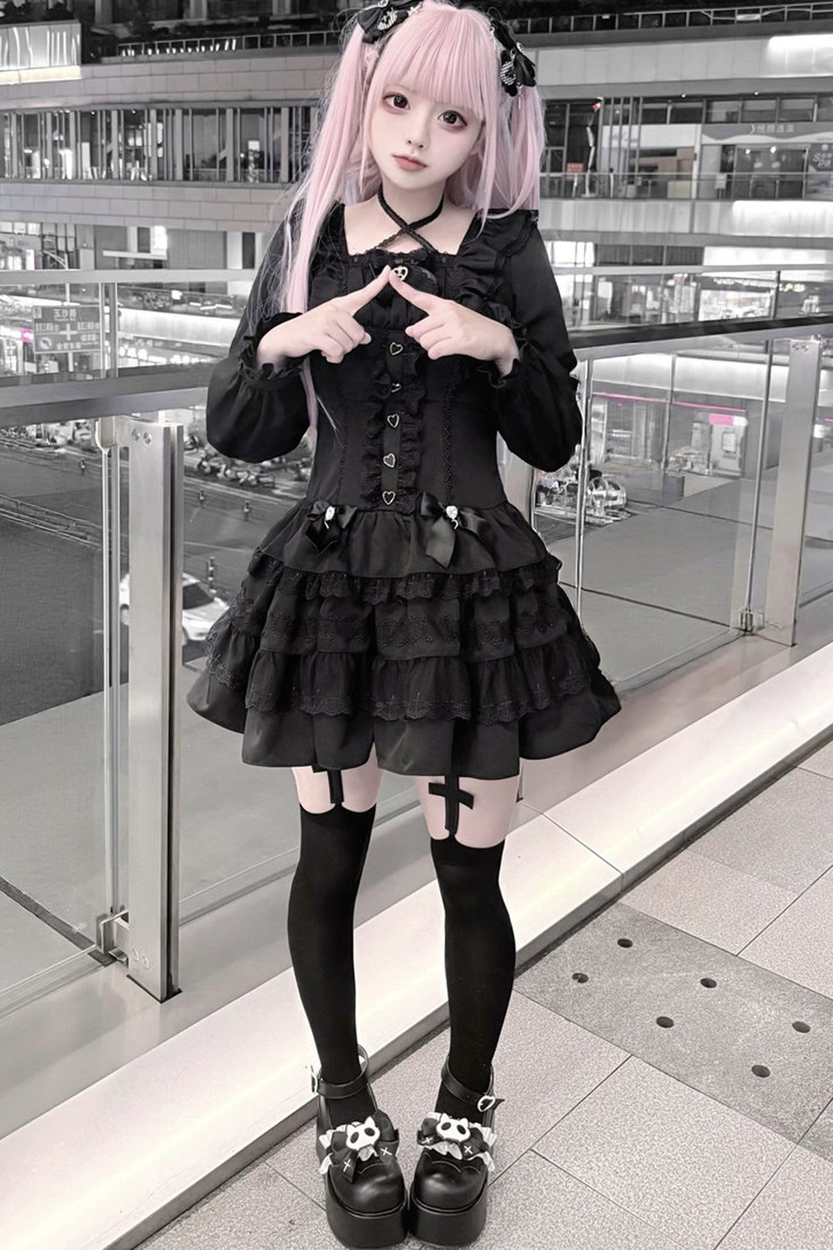 Lace Long Sleeve Cross-Tie Bow Dress