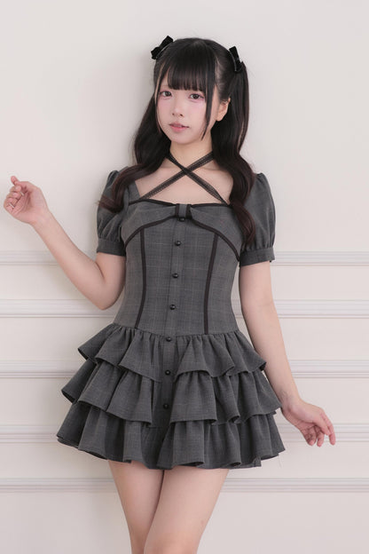 양산형 체크 프릴 미니 원피스+쇼츠