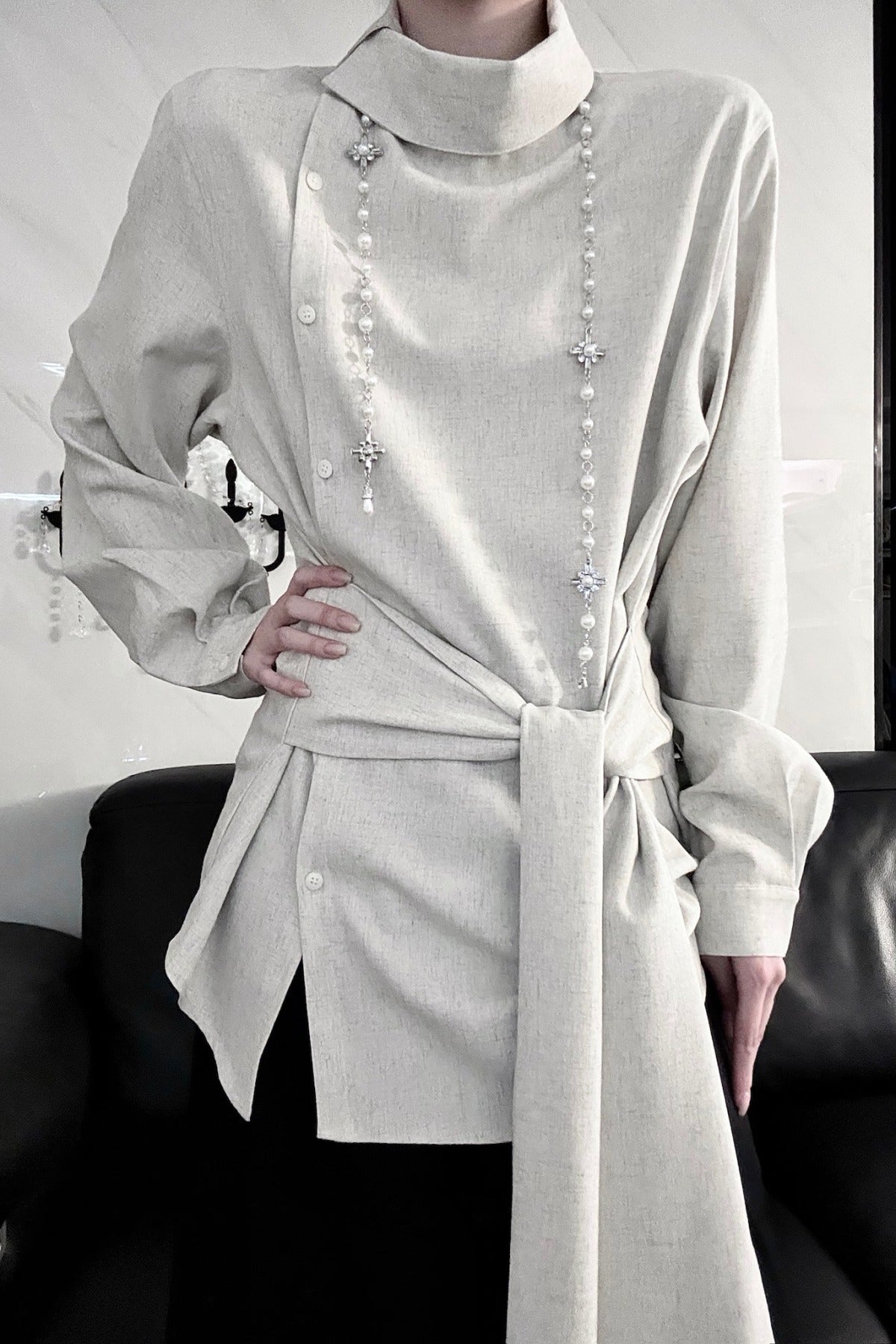 Deconstructed Asymmetrical Placket Tie-Waist Shirt