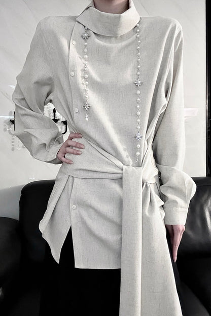 Deconstructed Asymmetrical Placket Tie-Waist Shirt