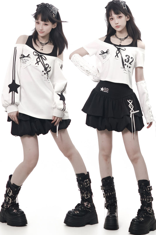 Off-Shoulder Layered Star Graphic Top & Bubble Skirt Set-Up