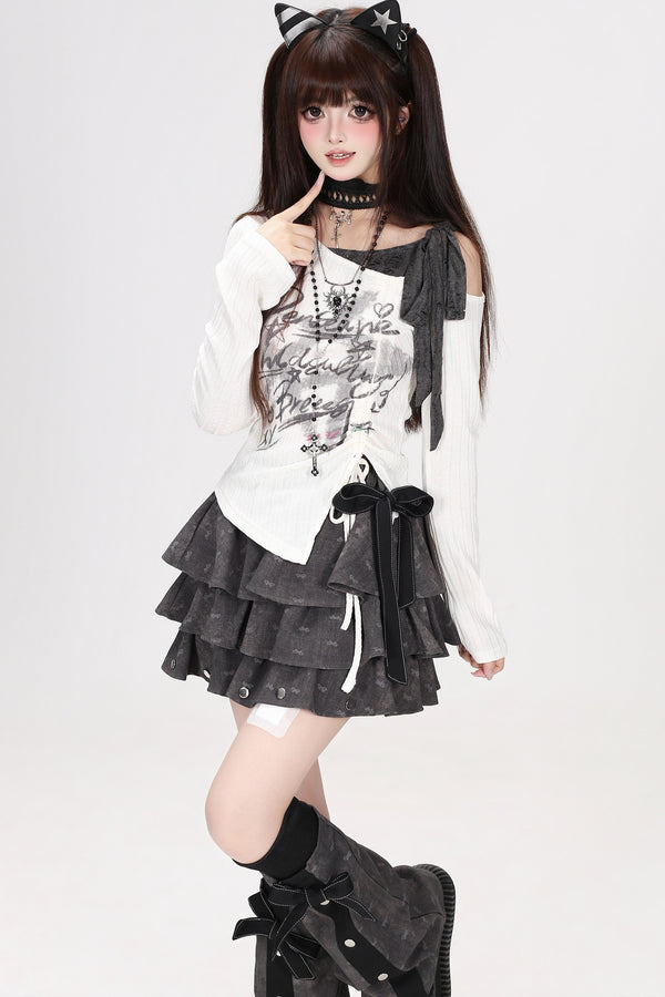 Star Graffiti Off-Shoulder Drawstring Bell-Sleeve T-shirt