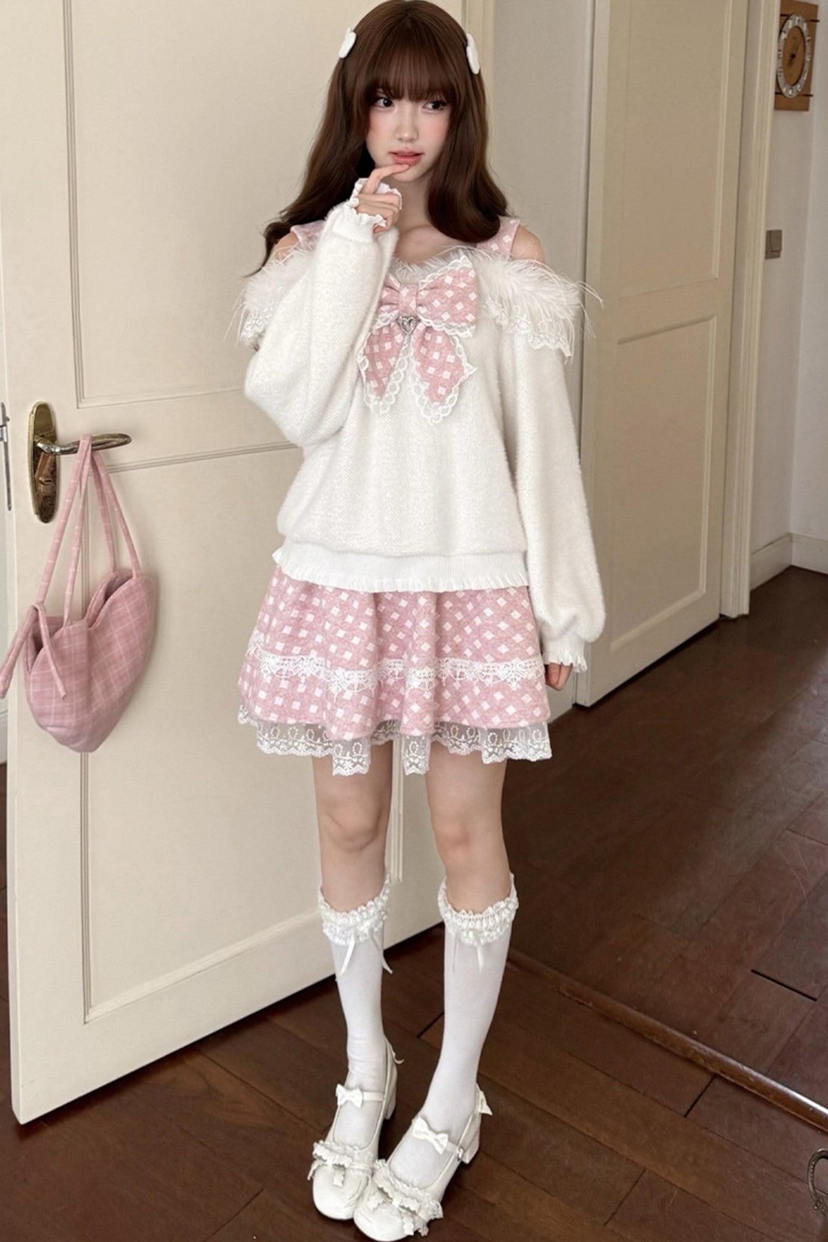 White Rabbit One-Shoulder Sweater Skirt Set
