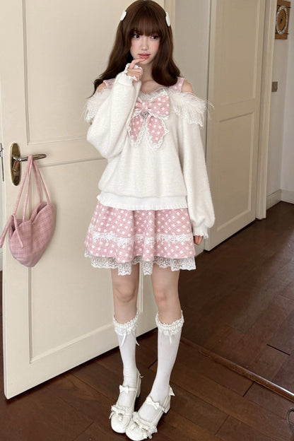 White Rabbit One-Shoulder Sweater Skirt Set