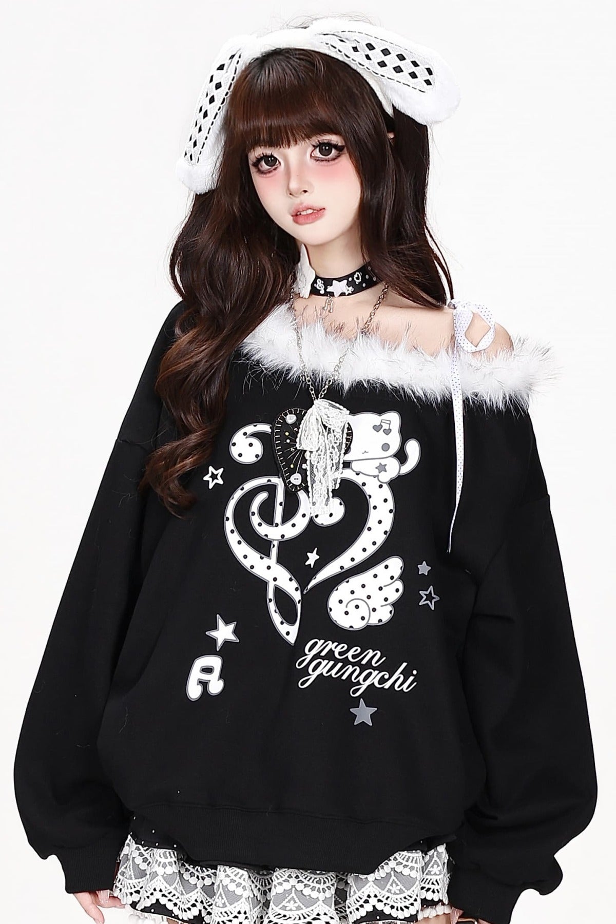 Heart Musical Note Print Off-Shoulder Fur Collar Sweatshirt