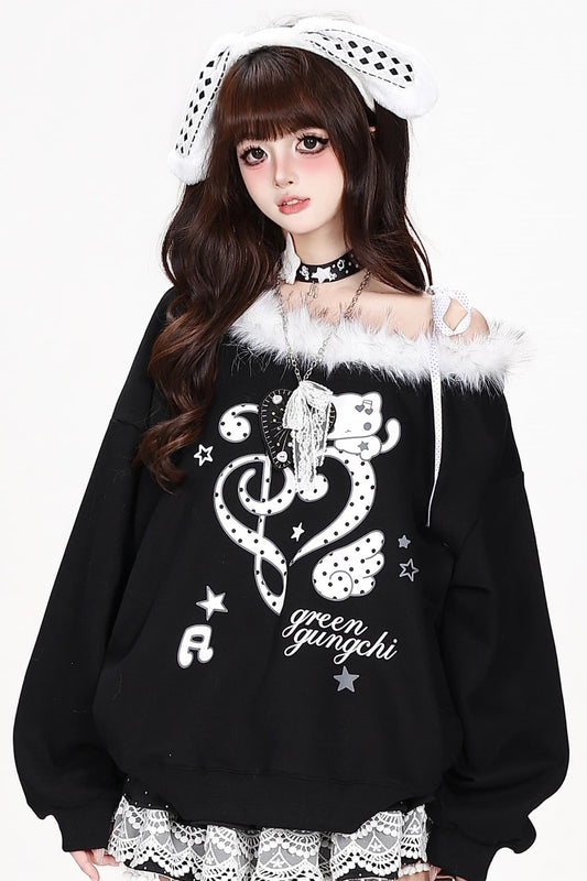 Heart Musical Note Print Off-Shoulder Fur Collar Sweatshirt