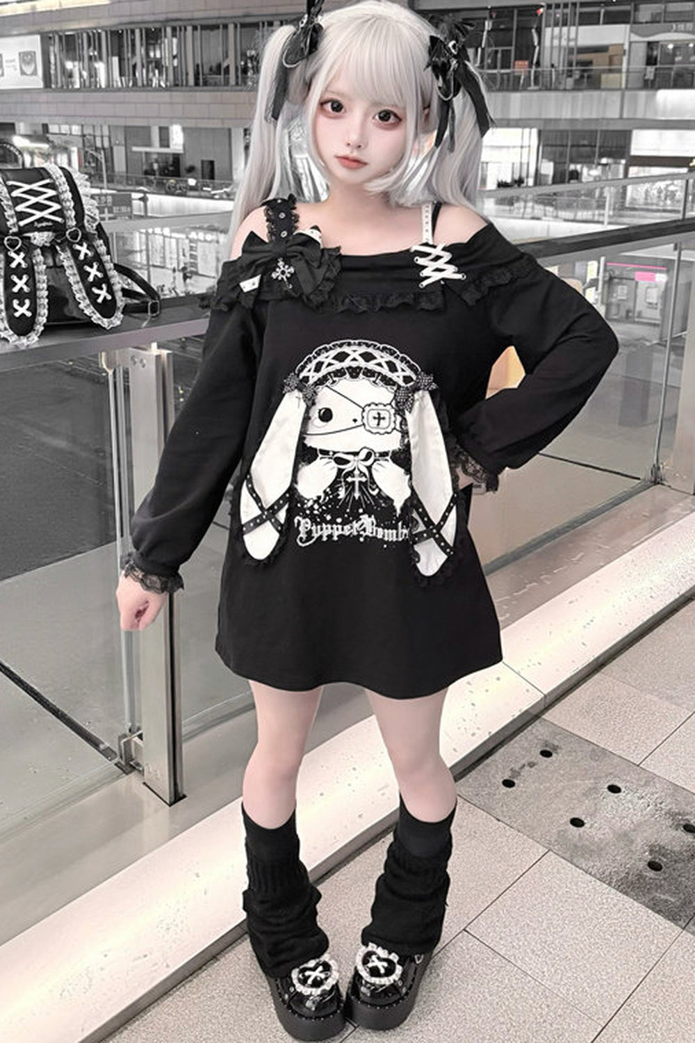토끼 비대칭 긴소매 상의와 스커트 세트