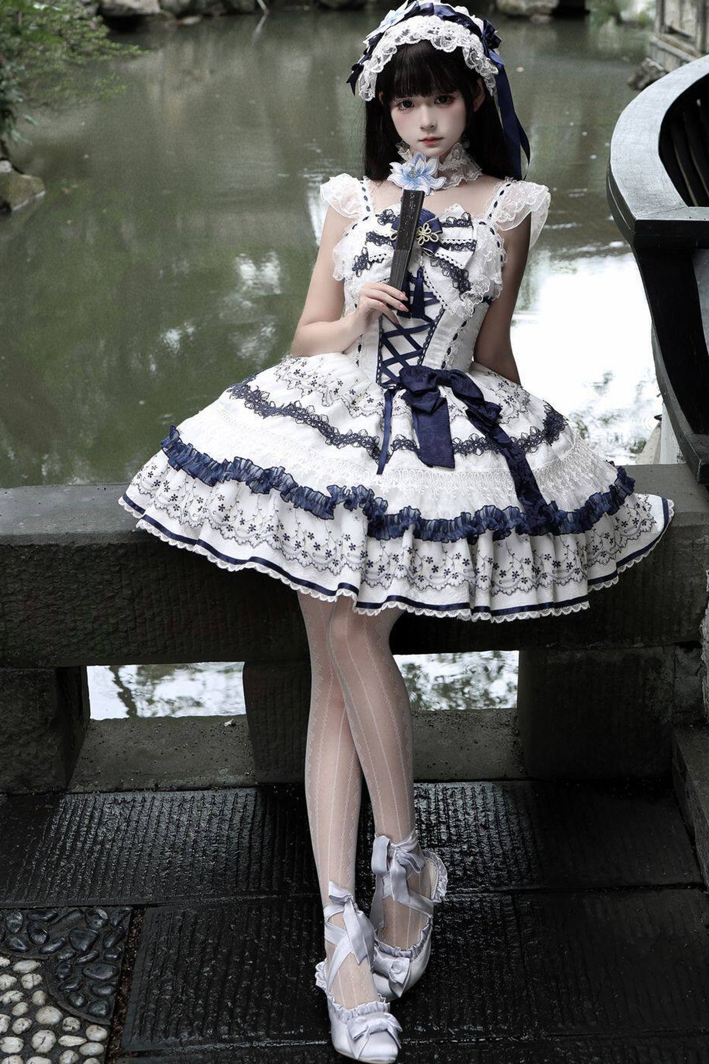 Blue and White Porcelain Jsk Suspender Dress