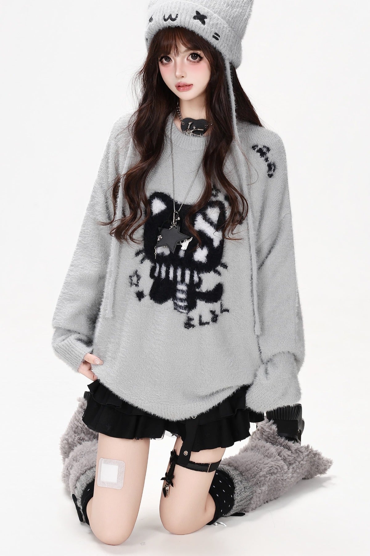 Cat Jacquard Loose Knit Pullover Sweater