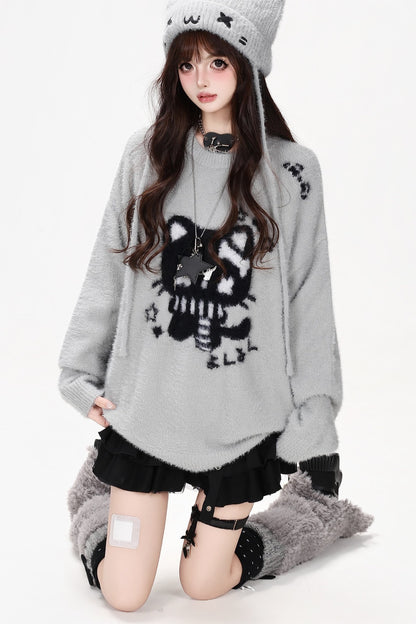Cat Jacquard Loose Knit Pullover Sweater