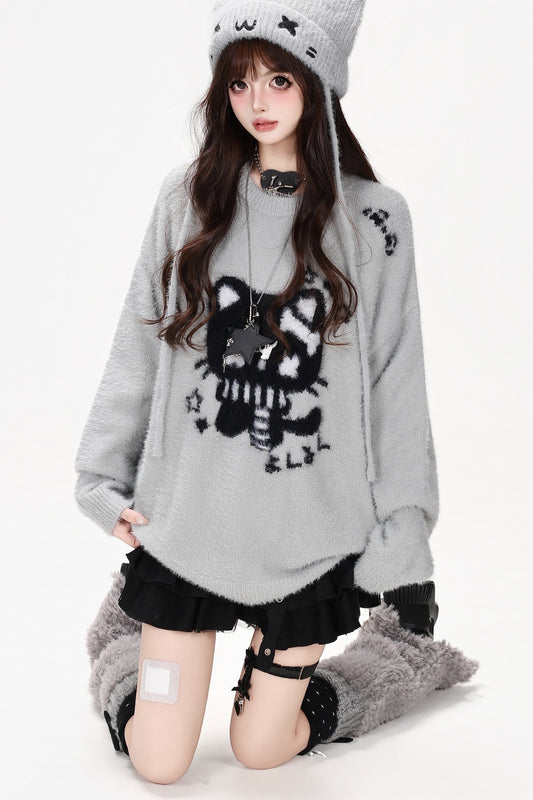 Cat Jacquard Loose Knit Pullover Sweater