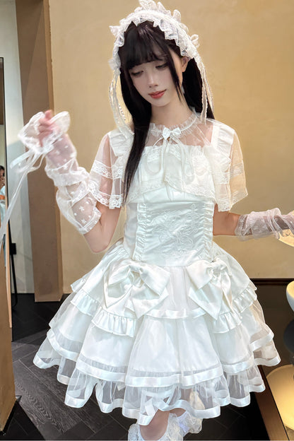 Detachable Shawl Satin Bow Cake Dress