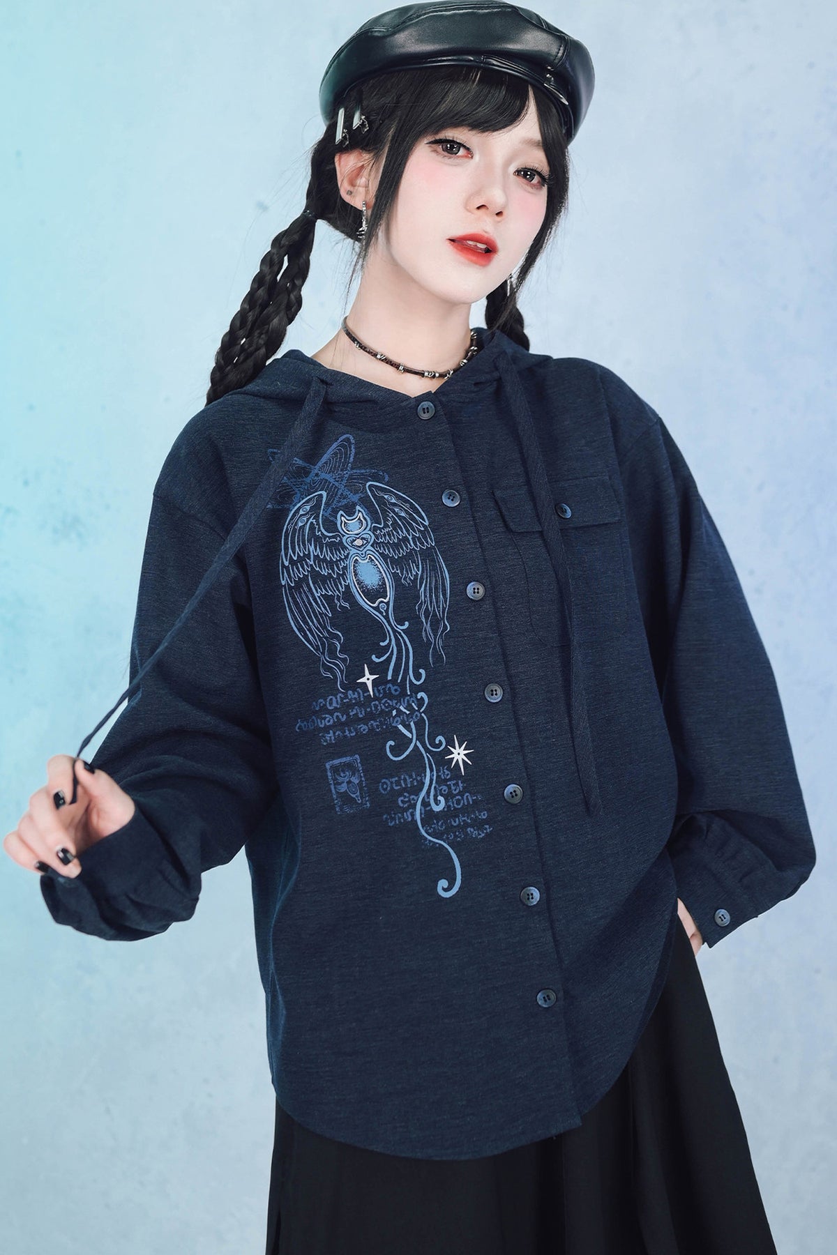 Sea Angel Hand-Drawn Print Hooded Shirt