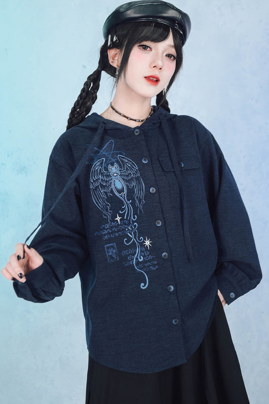Sea Angel Hand-Drawn Print Hooded Shirt
