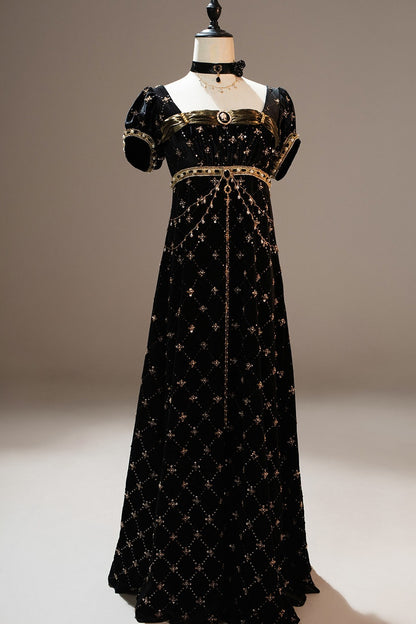 Black Gold Beaded Empire Dress