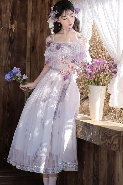 Wisteria Flower New Chinese Style Suspender Skirt and Top Set