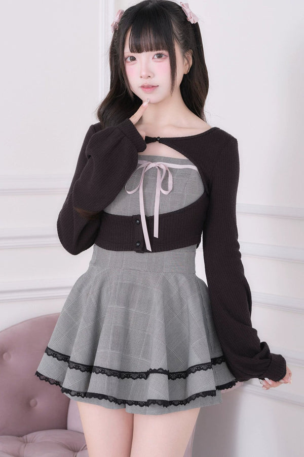 Girly Plaid Dress with Cardigan