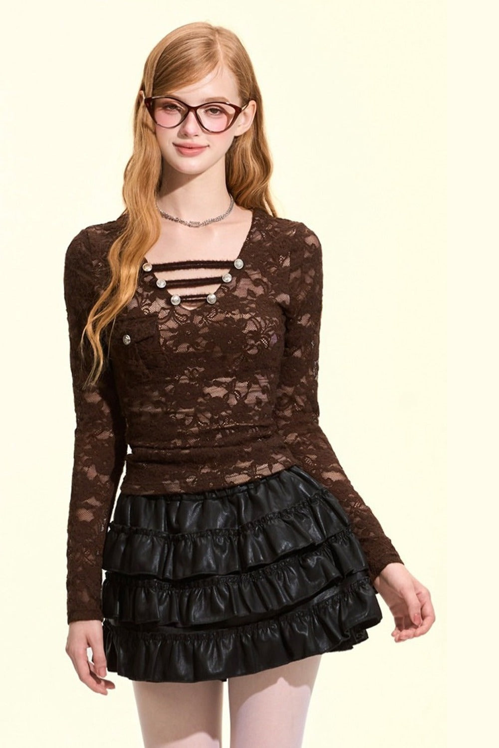 Metal Buckle V-Neck Lace Blouse