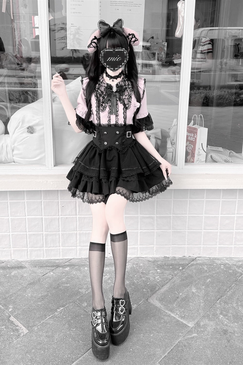 Cherry Short-Sleeved Lace Collar Shirt and Skirt Set-Up