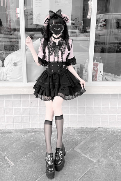 Cherry Short-Sleeved Lace Collar Shirt and Skirt Set-Up
