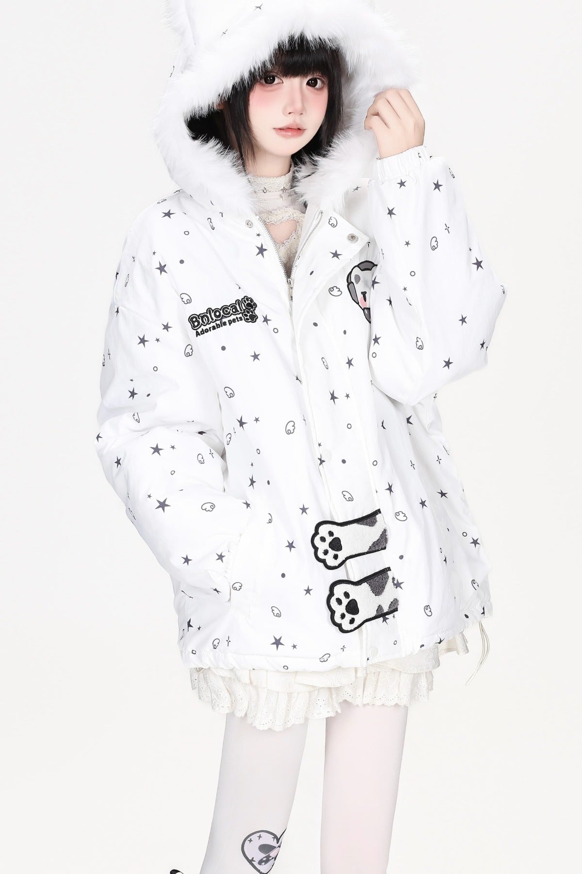 Printed Bear Cat Ear Cotton Jacket