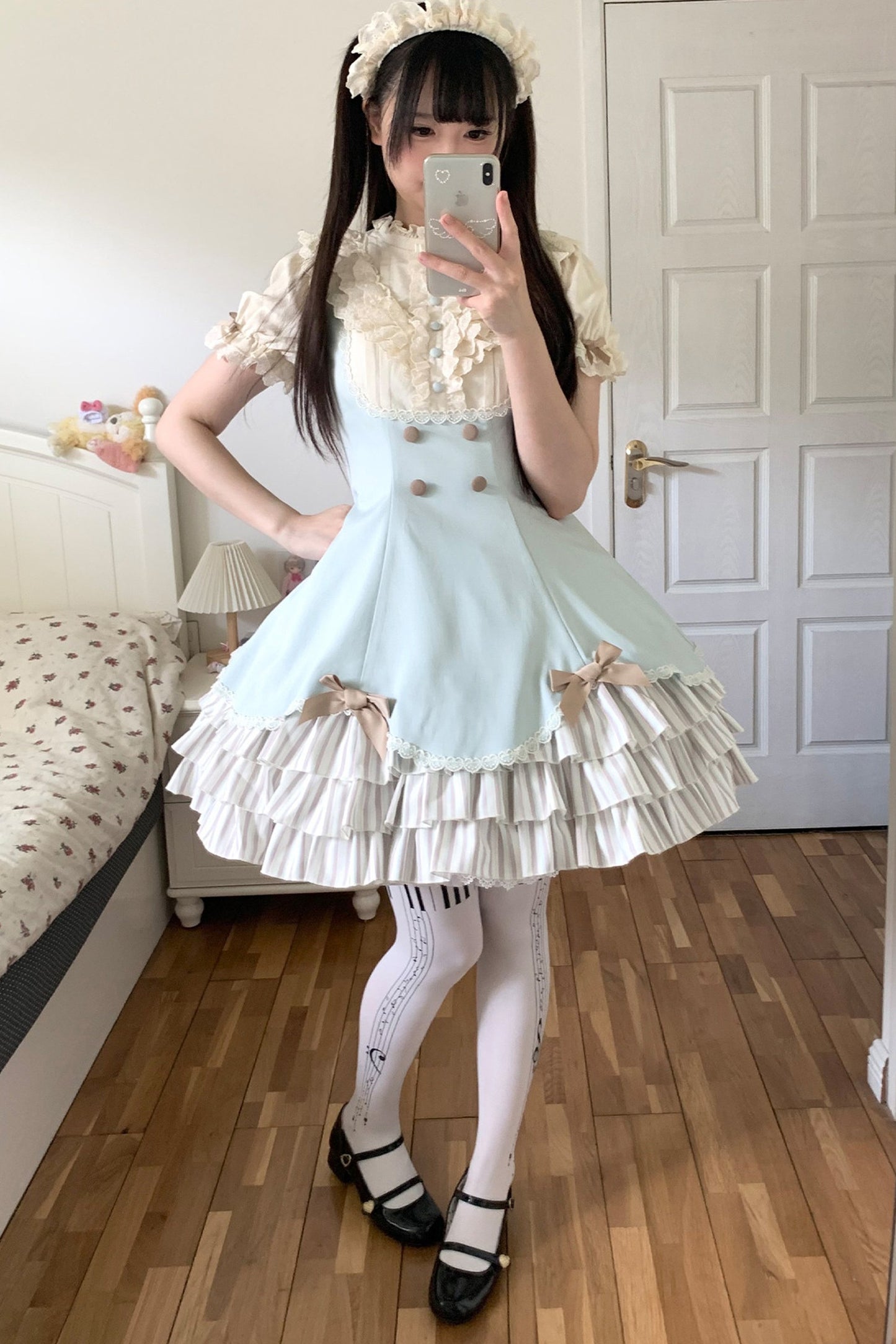 Lace Stand Collar Petal Hem Ruffle Dress