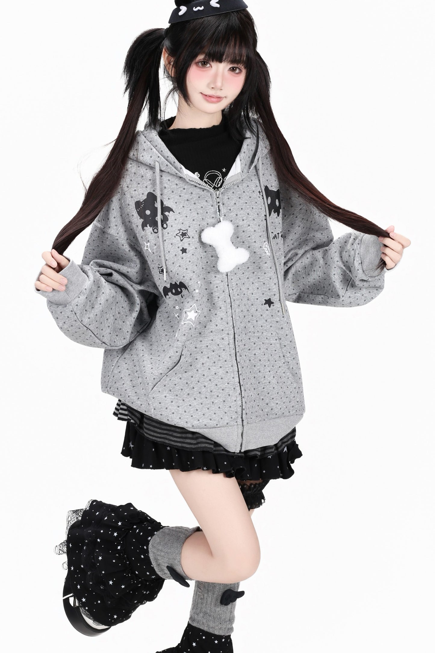 3D-Katzenohren-Kapuzenjacke mit Polka-Dots