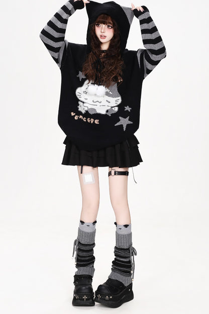 Cat Eating Fish Jacquard Hooded Sweater