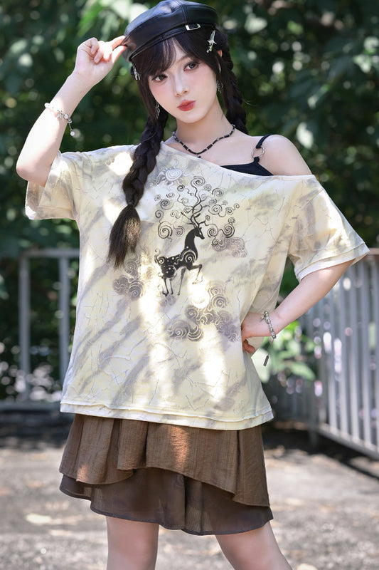 Fawn Print Off-Shoulder T-Shirt