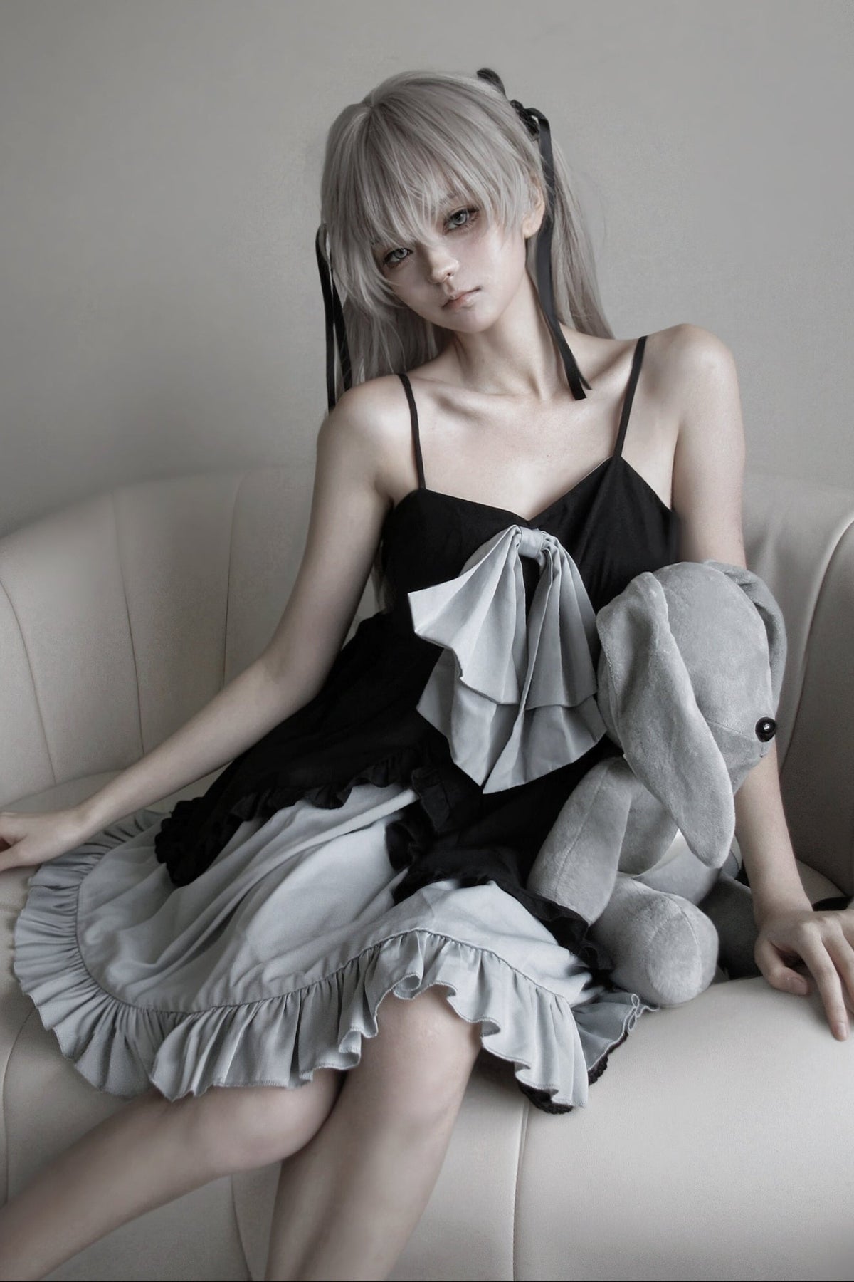 Double-Layer Open-Front Large Bow Suspender Dress
