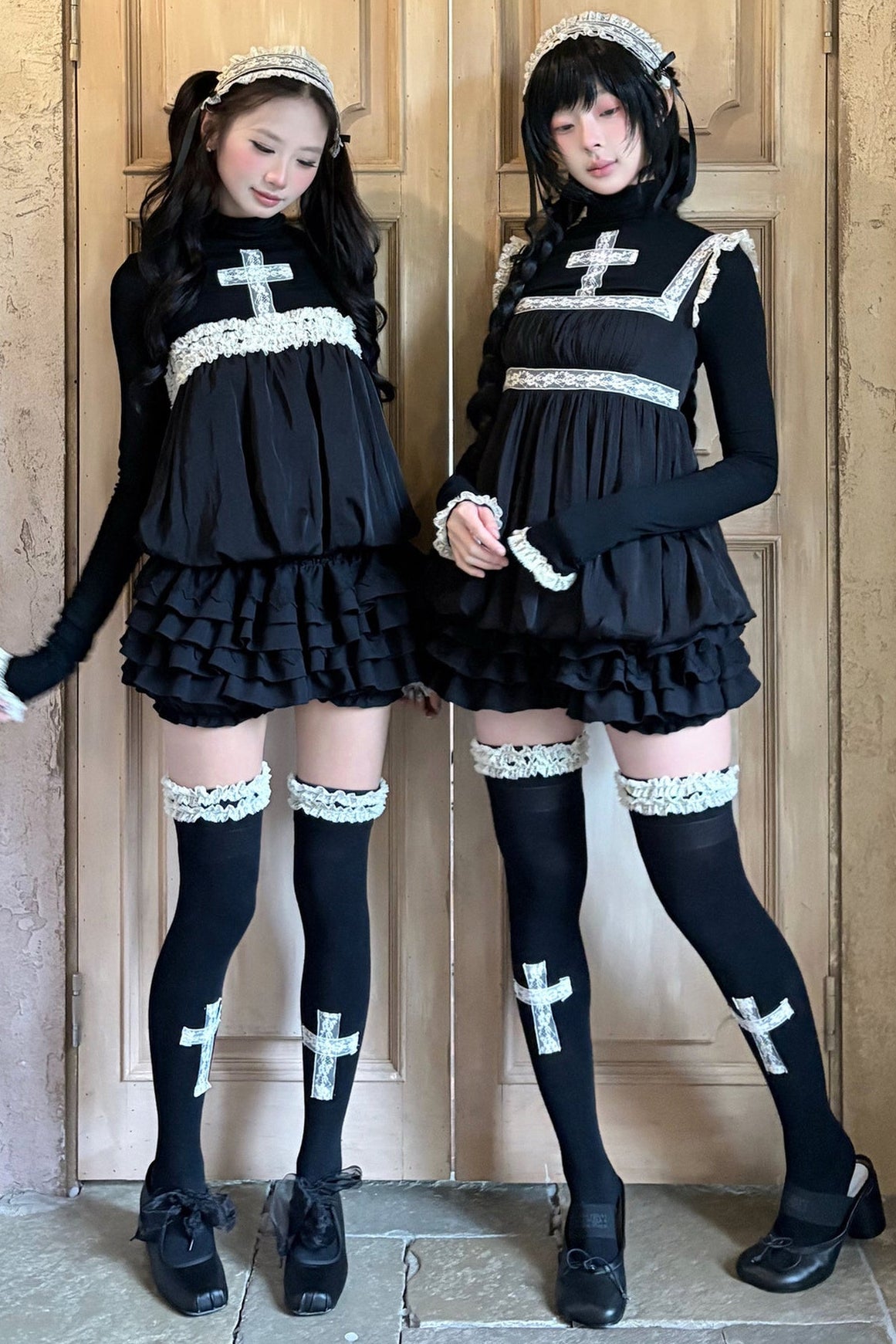 Lace Cross Black Base Shirt and Patchwork Tutu Skirt Set-Up