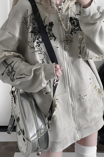 Long sleeve拉鍊連帽做舊刺繡外套
