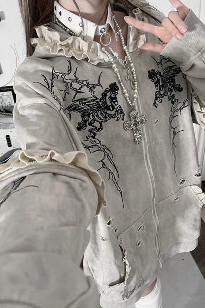 Long sleeve拉鍊連帽做舊刺繡外套
