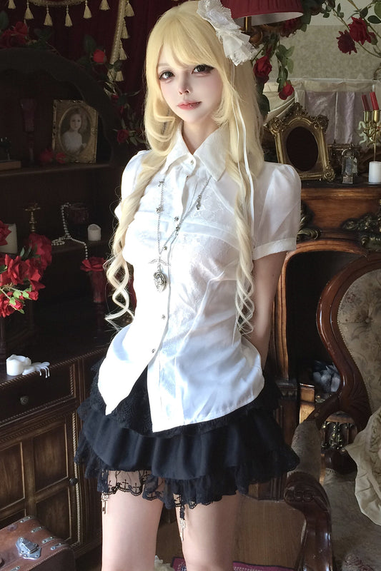 White Short-Sleeved Lace Waist-Cinching Shirt
