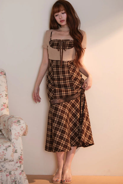 [Vorbestellung] Klassisches kariertes langes Kleid + Cardigan