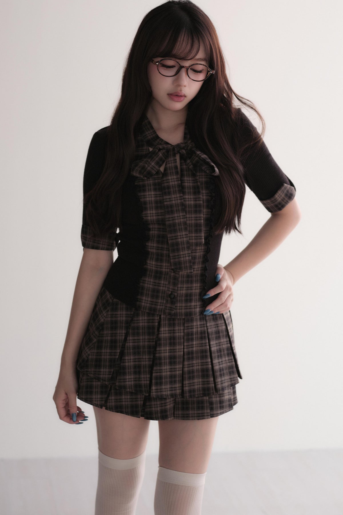 Plaid Patchwork Top and Skirt Set