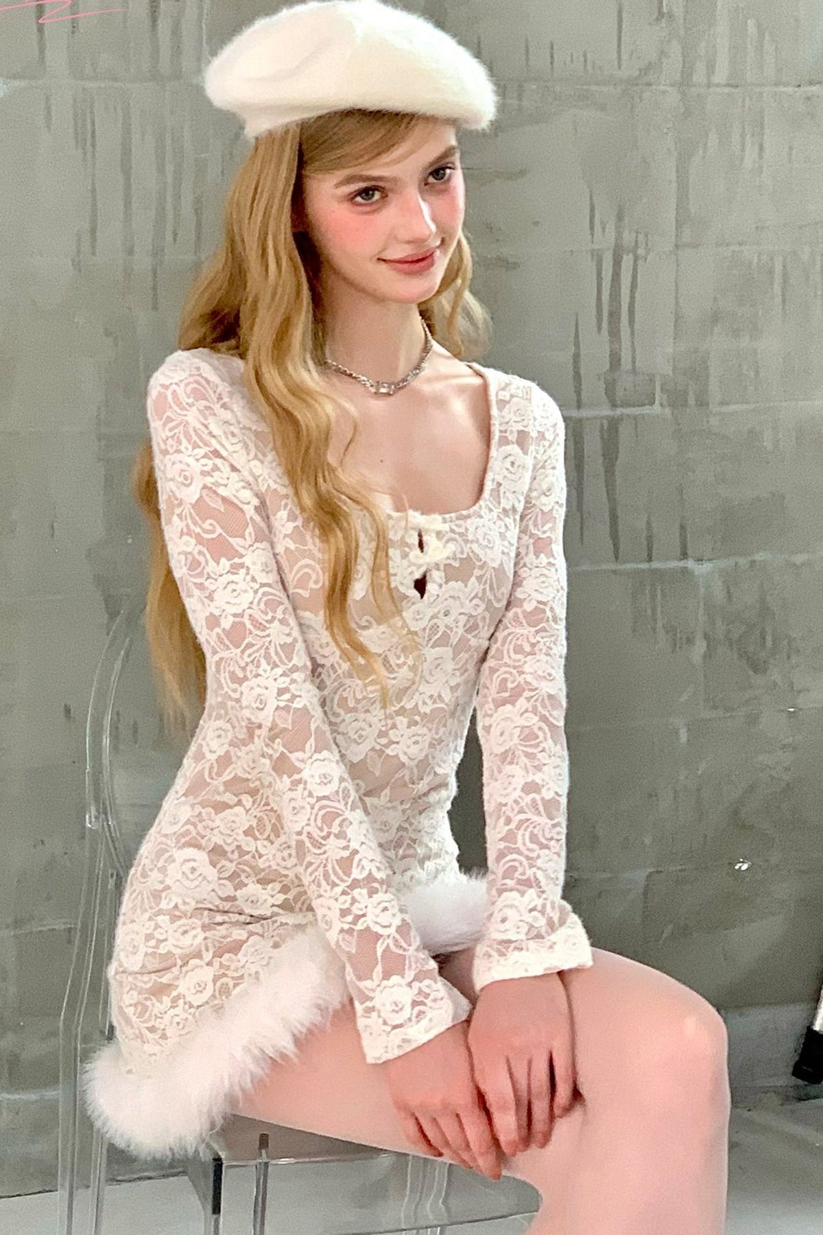 Lace Fur-Trimmed Long Sleeve Dress