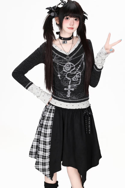 Hoch taillierter asymmetrischer karierter Patchwork-Rock