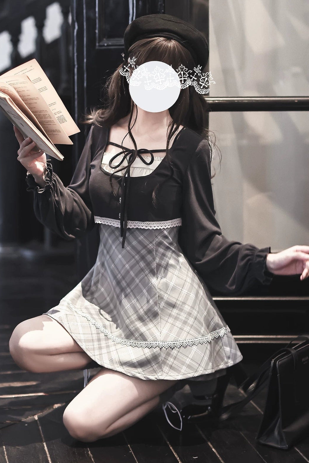 Knit Cardigan And Plaid Suspender Dress Set-Up