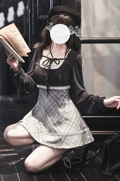 Knit Cardigan And Plaid Suspender Dress Set-Up